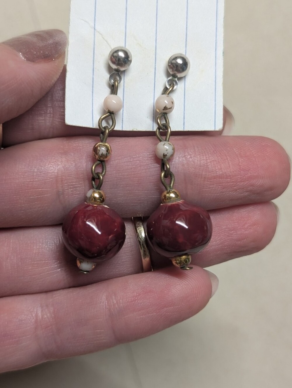Handcrafted Vintage Italian Ceramic Crabberry Bead Drop Earrings Gold Accent